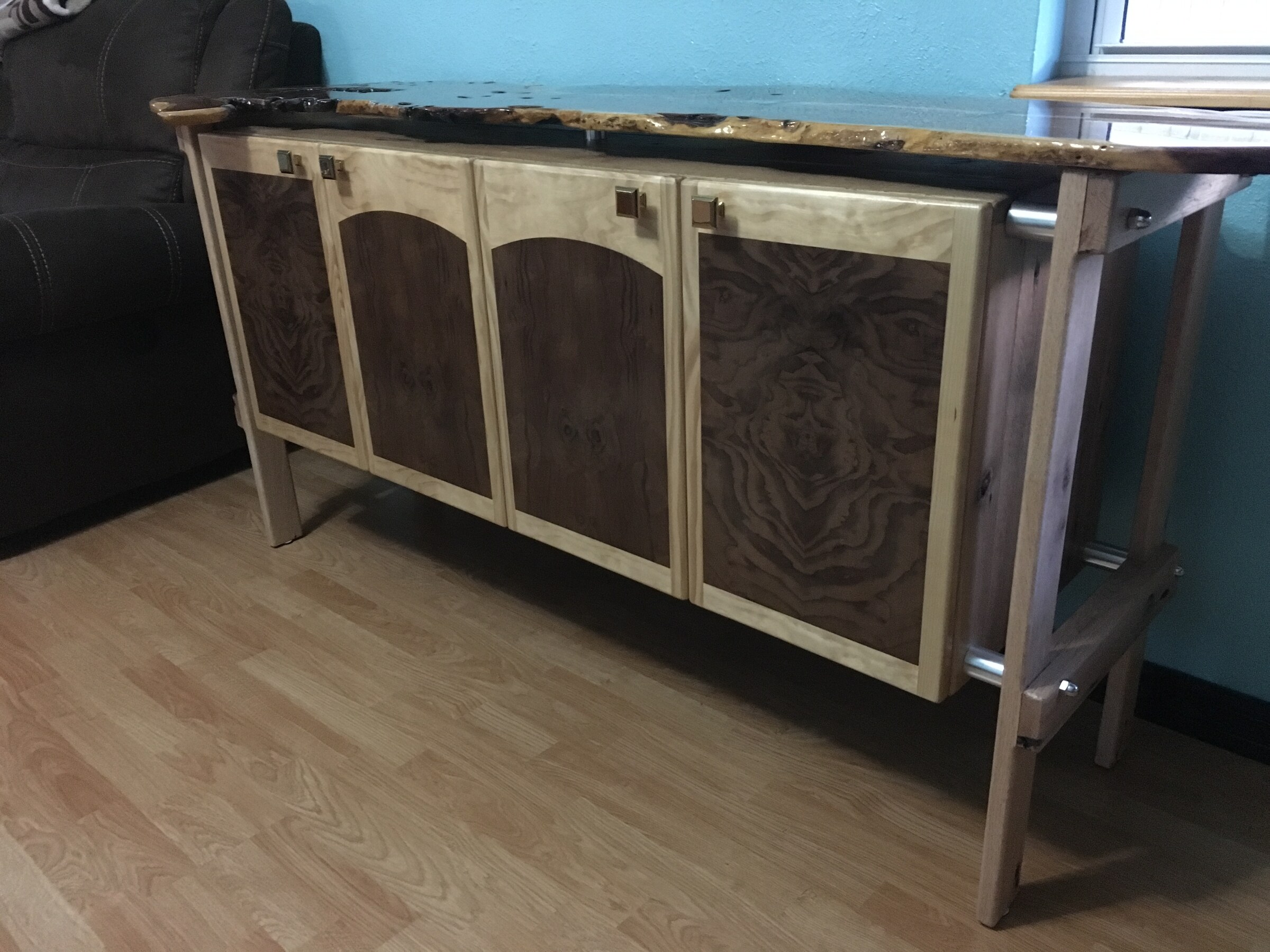 Live-edge river sideboard with burl panels